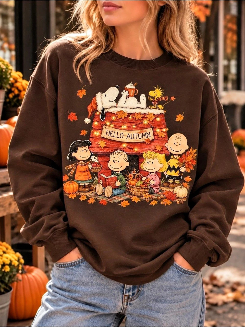 Peanuts Hello Autumn Graphic Sweatshirt Dark Chocolate Unisex